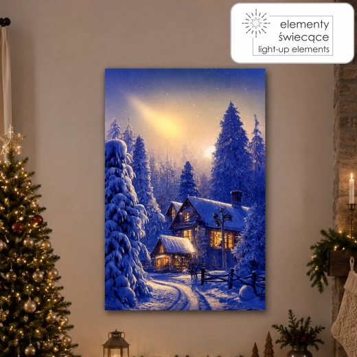 Obraz na plátne s LED osvetlením – zimný dom v lese 40 × 60 × 3,2 cm - 1 kus