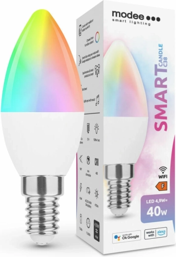 Inteligentná LED žiarovka E14 4,9 W, farebná aj biela, stmieva­teľná – MODEE Tuya Wi‑Fi Candle C38