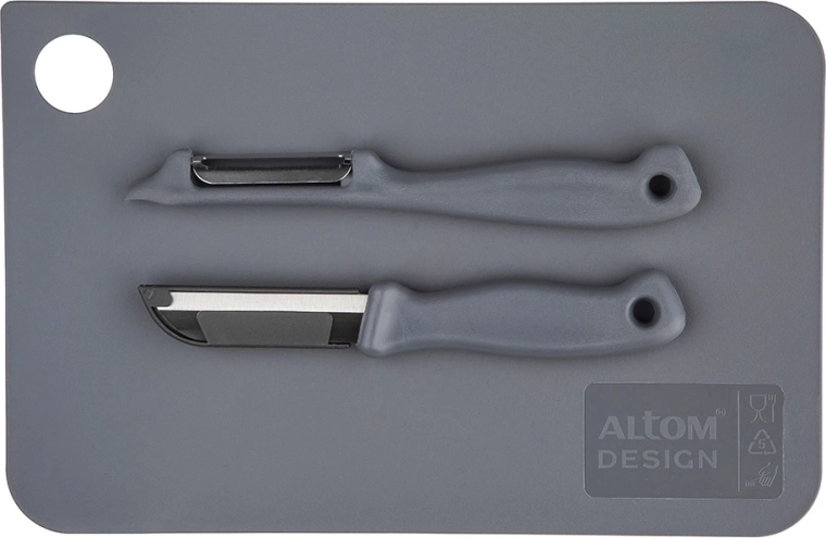 Sivá krájacia doska so škrabkou a nožíkom 24 × 16 cm