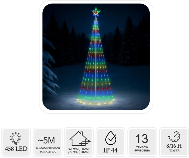 LED kužeľový vianočný stromček s hviezdou 3 m, 458 LED, multicolor, na vnútorné aj vonkajšie použitie