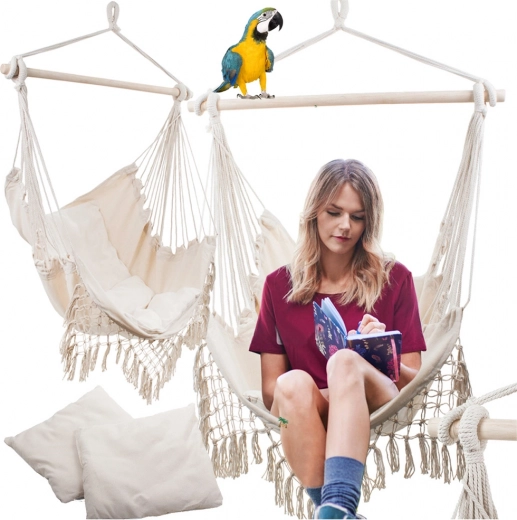 Brazílske závesné hojdacie kreslo s vankúšmi boho, béžové