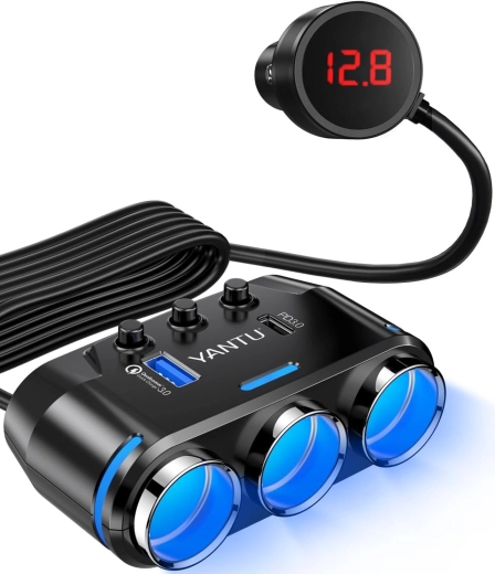 Yantu automobilový rozdeľovač zapaľovača s 3 zásuvkami, USB a USB-C