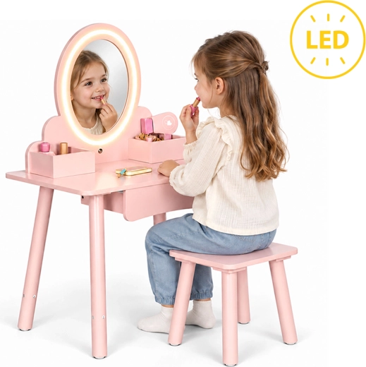 Detský drevený toaletný stolík ECOTOYS s LED zrkadlom, stoličkou a doplnkami