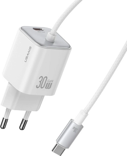 USAMS séria JC CC264 30 W GaN rýchlonabíjačka s integrovaným USB‑C káblom (biela)