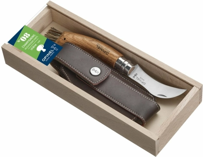 Opinel N°08 Inox hubársky vreckový nôž, dub, kožené puzdro, darčeková krabička