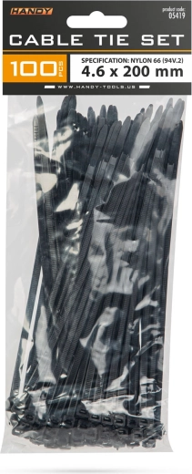 Čierne sťahovacie pásky 200 × 4,6 mm, 100 kusov