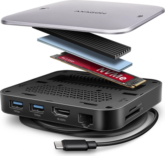 AXAGON viacportový USB‑C hub 9v1 s M.2 NVMe/SATA, HDMI 4K/60 Hz, PD 100 W, GLAN a čítačkou kariet
