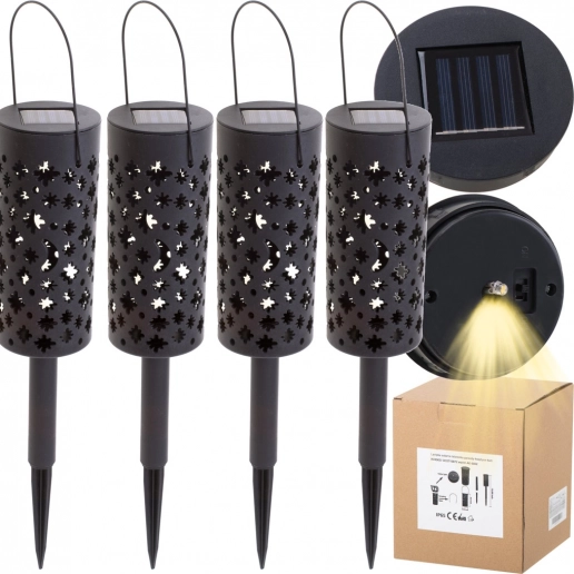 solárne záhradné lampáše s dekoratívnymi výrezmi, LED, so súmrakovým čidlom, zapichovacie aj závesné, 4 ks