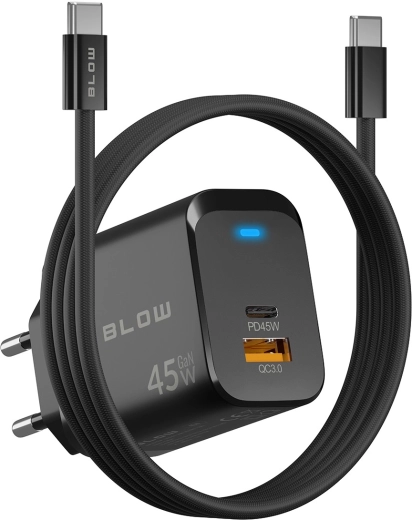 BLOW GaN sieťová nabíjačka 45 W (USB-C PD + USB-A QC 3.0) s káblom USB-C–USB-C