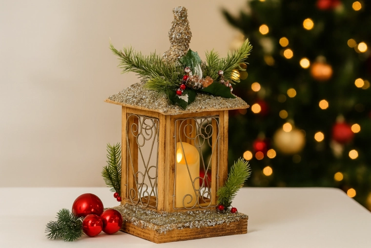 Vianočná drevená LED lampášová dekorácia so sviečkou 18 × 18 × 38 cm