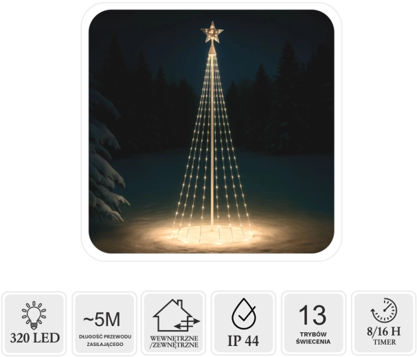 LED kužeľový vianočný stromček s hviezdou 1,8 m, 320 LED, teplá biela, interiér/exteriér