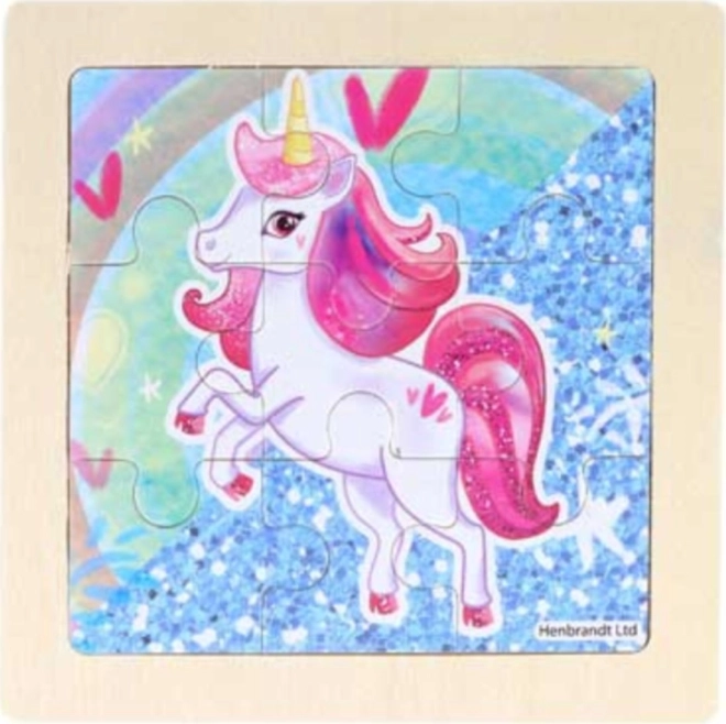 Drevené puzzle ružový jednorožec 9 dielikov