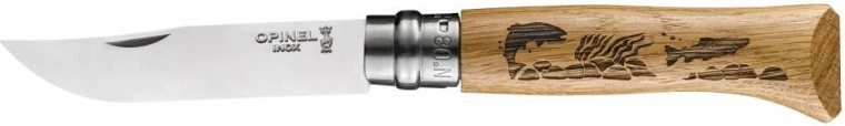 Opinel N°08 Inox Animalia vreckový nôž s motívom rýb, dubové drevo, 8,5 cm