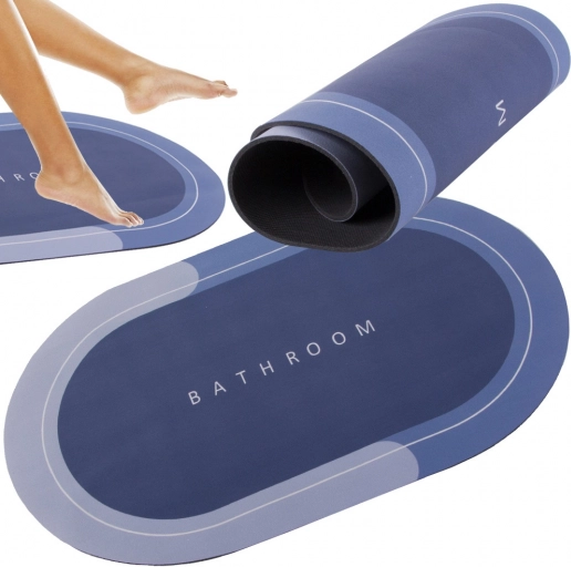 Rýchloschnúca protišmyková kúpeľňová predložka BATHROOM, oválna, modré odtiene 58 × 38 cm