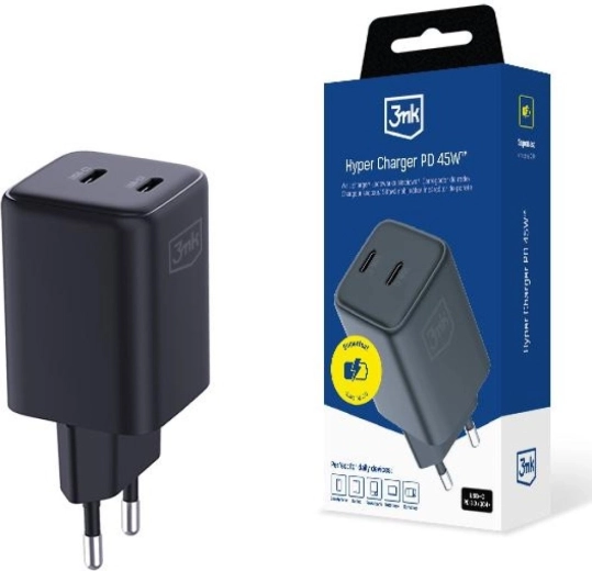 3mk Hyper Charger GaN sieťová nabíjačka 45 W s 2 USB-C čierna