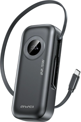 Awei powerbanka PA-9 10 000 mAh 22,5 W s vstavaným USB-C káblom čierna
