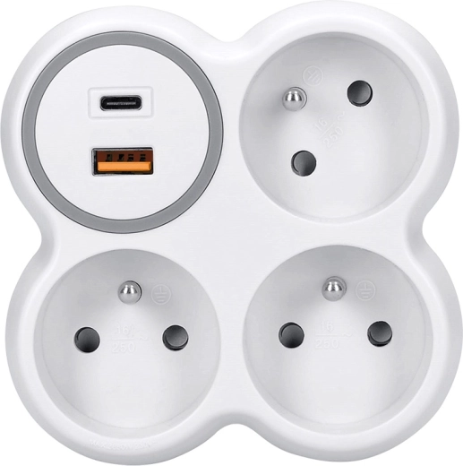 Solight rozbočka do zásuvky 3× 16 A s USB-A a USB-C rýchlonabíjaním PD 20 W bielo-sivá