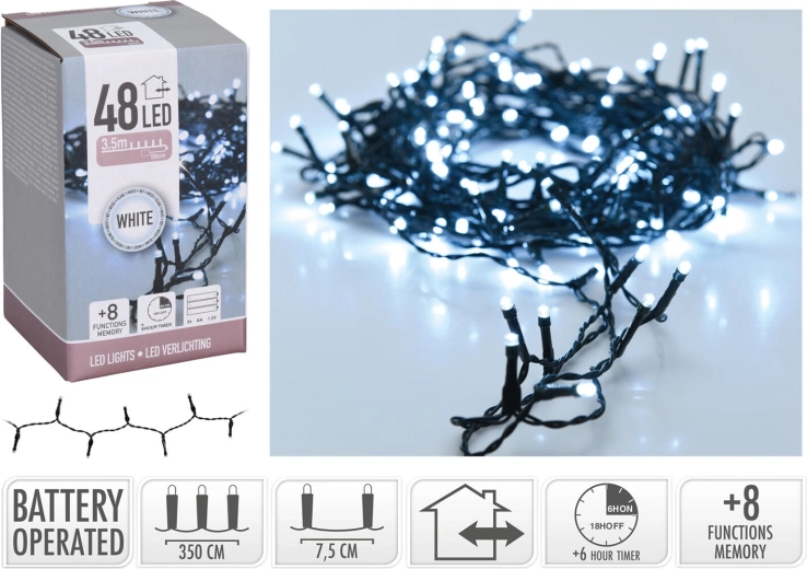 Vianočný LED reťaz 3,5 m, studená biela, 48 LED, 8 funkcií s časovačom