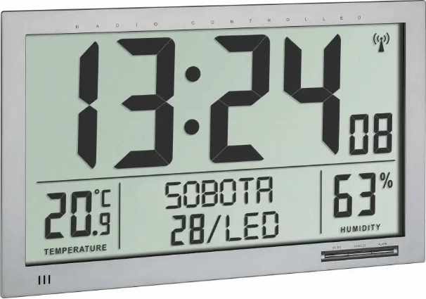 Rádiom riadené digitálne XL hodiny TFA s teplomerom a vlhkomerom, strieborné
