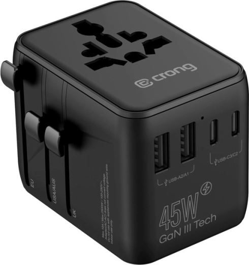 Univerzálny cestovný adaptér s GaN III 45 W (UK/EU/US/AU), čierny - 1 kus