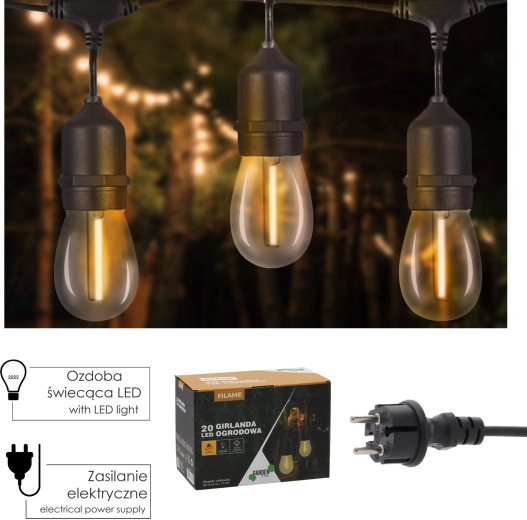 Záhradná LED girlanda FILAME 20 m s 20 žiarovkami E27, teplá biela