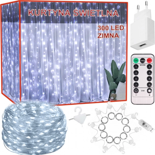 Svetelná LED opona 300 LED, 3 × 2,9 m, studená biela, diaľkové ovládanie, USB