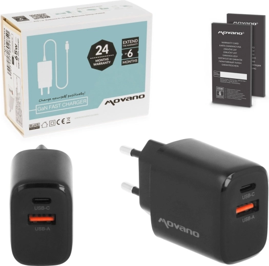 Movano GaN sieťová nabíjačka 20 W USB-C PD + USB-A čierna