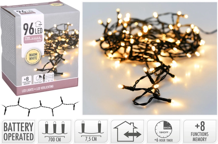 Vianočné LED osvetlenie 7 m, 96 LED, teplá biela, 8 funkcií, IP44