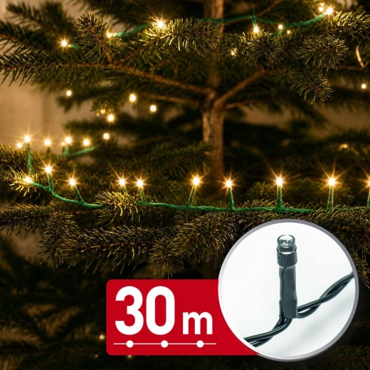 LED svetelná reťaz 30 m so 600 LED, teplá biela, zelený kábel