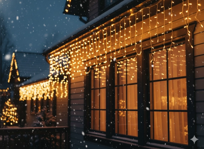 Svetelný LED záves – cencúle 300 LED, teplá biela so studeným blikaním, 12 m