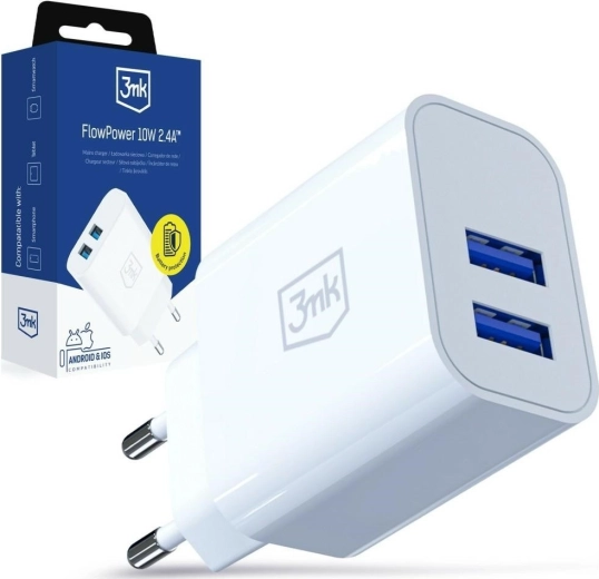 3MK FlowPower sieťová nabíjačka 10 W, 2× USB-A, 2,4 A, biela