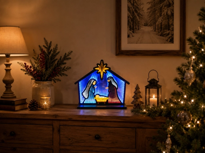 Vianočná 3D dekorácia Betlehem s infinity zrkadlovým efektom LED 33,5 × 8 × 28,7 cm