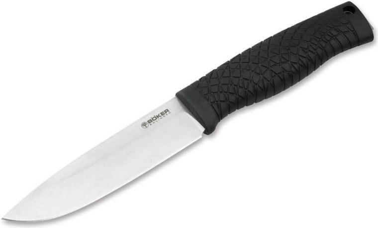 Böker Manufaktur Solingen Bronco outdoorový nôž, čierny, TPE, kožené puzdro
