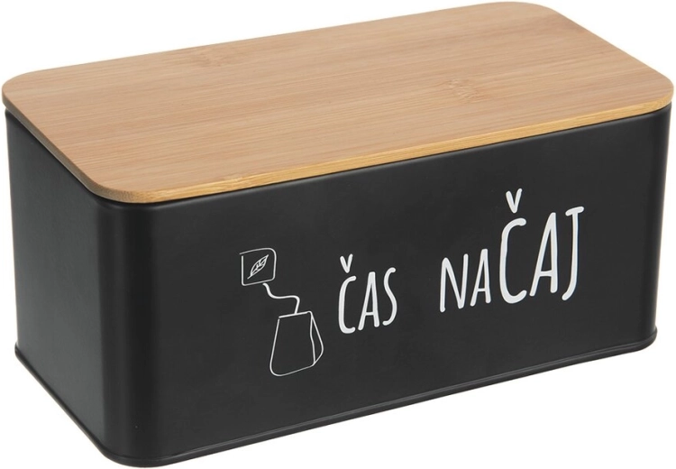 Plechová dóza na čaj s bambusovým vekom „Čas na čaj“ black (CZ/SK)