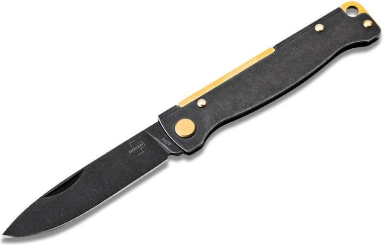 Vreckový nôž Böker Plus Atlas, 7,2 cm, čierny povrch Blackwash, mosadzné prvky