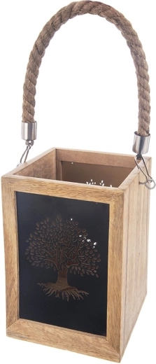 Drevený lampáš z mangového dreva 20 cm s motívom stromu