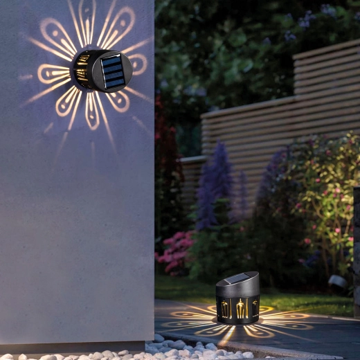 Solárna dekoratívna lampa na stenu alebo na postavenie, teplá biela