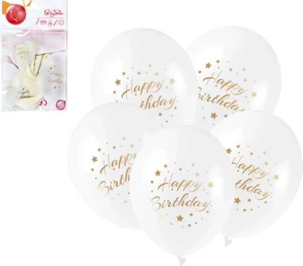 Latexové balóniky Happy Birthday so zlatou potlačou 28 cm, 5 ks