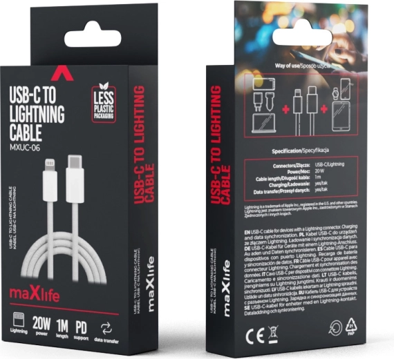 Maxlife nylonový kábel USB‑C – Lightning 1 m, 20 W, sivý