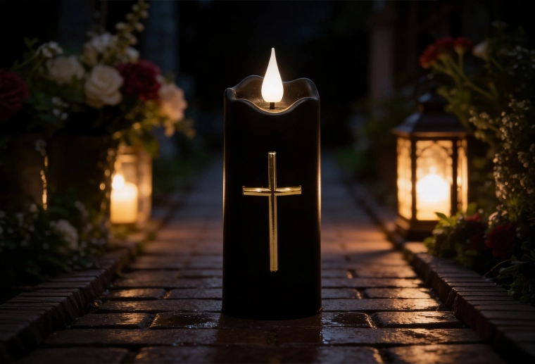 LED sviečka 5 × 13 cm čierna so zlatým krížom