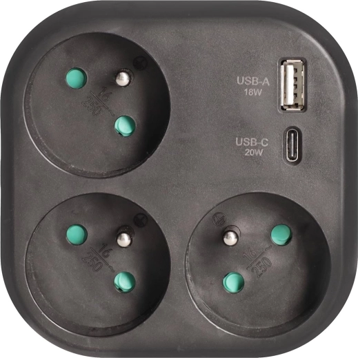 Solight rozbočovač s 3 zásuvkami a rýchlonabíjačkou USB-A/USB-C 20 W PD, čierny