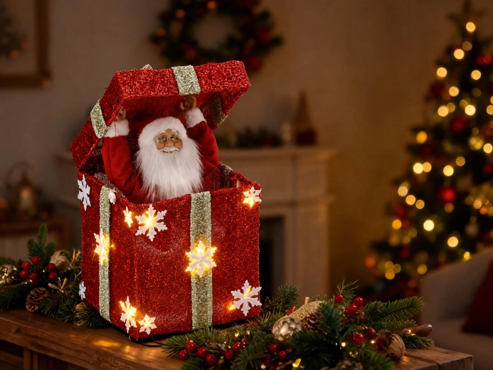 Vianočná dekorácia Santa v darčeku s LED osvetlením, melódiou a pohybom