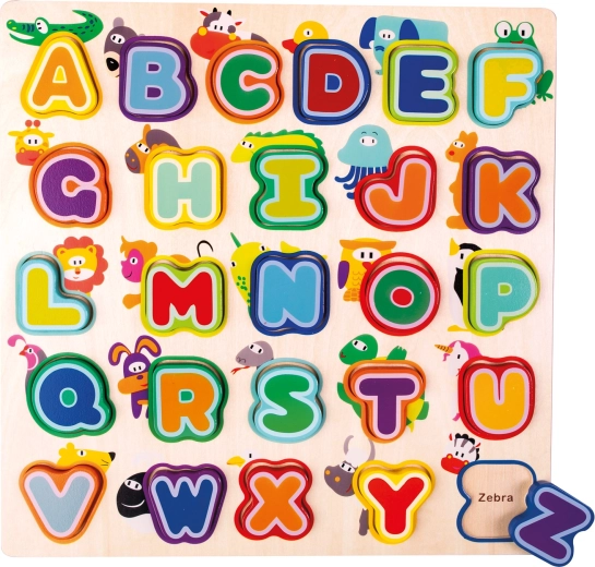BINO drevené vkladacie puzzle anglická abeceda so zvieratkami