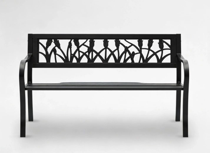 Záhradná kovová lavička GardenLine s motívom tulipánov 125 × 53 × 77 cm