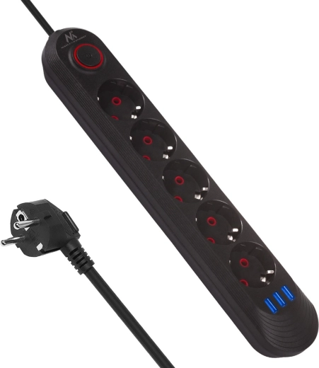 Predlžovacia prepäťová lišta s 5 zásuvkami a 3× USB, 2500 W, čierna