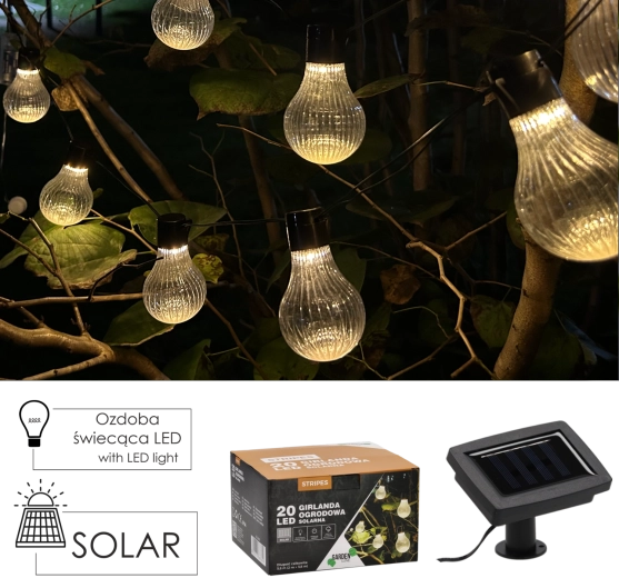 Solárna záhradná girlanda Stripes 20 LED, teplá biela, 5,8 m