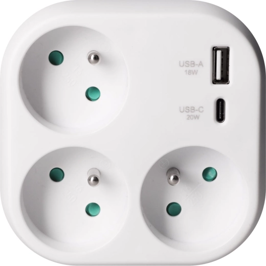 Solight rozbočovací adaptér s 3 zásuvkami a USB rýchlonabíjaním 20 W PD, biely