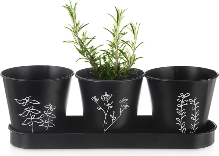 Súprava kvetináčov na bylinky s podmiskou Blackline, 4 diely