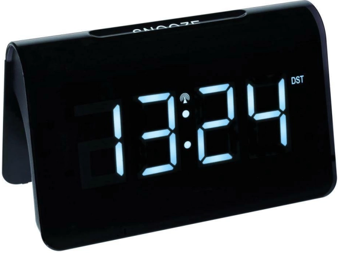 TFA ICON digitálny rádiom riadený budík s veľkými LED číslicami, čierno-biely