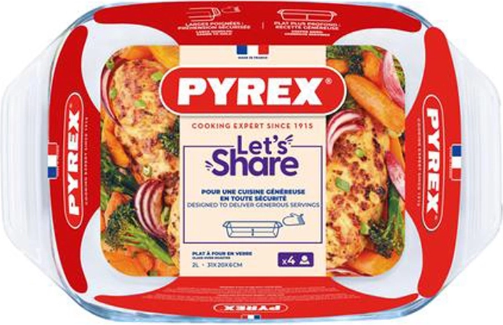 Sklenený pekáč s úchytmi PYREX 2 l, borosilikát 31 × 20 cm